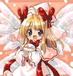  :d ahoge alternate_wings blonde_hair blue_eyes blush bow capelet commentary_request fairy feathered_wings female hat hat_bow heart heart-shaped_pupils holding kedama_(touhou) lily_white no_nose open_mouth photoshop_(medium) smile solo symbol-shaped_pupils touhou veil vu_(oyavun) wide_sleeves wings 