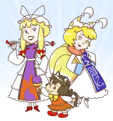  3girls chen chibi commentary_request food hands_on_own_hips ice_cream leex lipstick makeup multiple_girls parody the_jetsons touhou umbrella yakumo_ran yakumo_yukari 