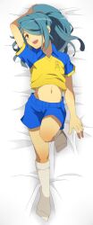  1boy blue_hair brown_eyes commentary_request dakimakura_(medium) hair_over_one_eye highres inazuma_eleven inazuma_eleven_(series) kazemaru_ichirouta long_hair lying male_focus midriff natsuko_(bluecandy) on_back raimon smile soccer_uniform socks sportswear 