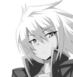  bad_id bad_pixiv_id blazblue blazblue:_chronophantasma bullet_(blazblue) dark-skinned_female dark_skin female greyscale ky. monochrome popped_collar portrait scar short_hair solo 