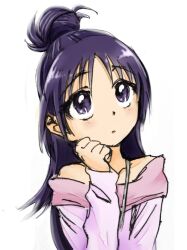  bare_shoulders commentary_request female futari_wa_precure_splash_star half_updo long_hair mishou_mai precure purple_eyes purple_hair simple_background solo thinking yuucho 