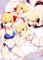  4girls ahoge alternate_costume alternate_hairstyle arm_support armpits artoria_pendragon_(fate) ass bed blonde_hair bra breasts fate/extra fate/stay_night fate/unlimited_codes fate/zero fate_(series) green_eyes hair_bun hair_ribbon highres imageboard_desourced lingerie lying medium_breasts multiple_girls navel nero_claudius_(fate) nero_claudius_(fate/extra) non-web_source official_alternate_costume official_art panties photoshop_(medium) pillow ponytail ribbon saber_(fate) saber_alter saber_lily single_hair_bun sitting smile takeuchi_takashi thighhighs topless underwear underwear_only yellow_eyes 