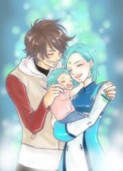  2boys affectionate aqua_hair baby blurry bokeh brown_hair closed_eyes commentary_request depth_of_field eureka_(eureka_seven) eureka_seven eureka_seven_(series) eureka_seven_ao family female fukai_ao hug kanai28 multiple_boys raglan_sleeves renton_thurston smile 