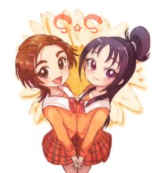  2girls brown_eyes brown_hair commentary_request flower from_above futari_wa_precure_splash_star hair_ornament hairclip half_updo holding_hands hyuuga_saki interlocked_fingers long_hair mishou_mai multiple_girls oota open_mouth ponytail precure purple_eyes purple_hair school_uniform short_hair smile sunflower very_short_hair yuunagi_middle_school_uniform 