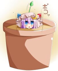  blue_eyes chestnut_mouth commentary_request crescent dirt female hat highres leaf long_hair open_mouth patchouli_knowledge pikmin_(series) pot purple_hair solo sprout sprout_on_head touhou warabi_mochi_(ehimedaisuki) 