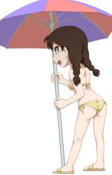  :d alternate_hairstyle bikini blonde_hair braid brown_eyes brown_hair butt_crack caryo chibi female long_hair midori_boushi naruto naruto_sd:_rock_lee_no_seishun_full-power_ninden open_mouth sandals side-tie_bikini smile solo standing swimsuit tenten twin_braids twintails umbrella 