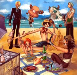  4boys beach black_hair blonde_hair blue_sky bottle bovine cigarette cloud clouds copyright_name female female fish food green_hair hat ice_cream male map meat mohmoo monkey_d_luffy monster multiple_boys nami nami_(one_piece) nose_ring ocean one_piece orange_hair outdoors overalls roronoa_zoro sanji sea_monster shorts sky smoking straw_hat swimsuit title_drop tony_tony_chopper topless usopp 