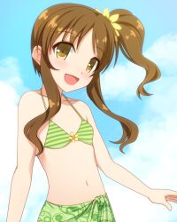  :d bikini blush brown_eyes brown_hair cloud commentary_request day female flat_chest floral_print flower green_sarong hair_flower hair_ornament head_tilt high_side_ponytail idolmaster idolmaster_cinderella_girls long_hair looking_at_viewer midriff navel open_mouth outdoors parted_bangs photoshop_(medium) print_sarong sarong side_ponytail sidelocks sky smile solo striped_bikini striped_clothes sunflower swimsuit takamori_aiko totokichi upper_body wavy_hair yellow_eyes 