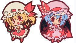  2girls ascot blue_hair blush_stickers bow commentary_request crystal flandre_scarlet hat hat_ribbon lumine_(2339) multiple_girls open_mouth photoshop_(medium) polearm puffy_sleeves red_eyes remilia_scarlet ribbon short_hair short_sleeves siblings side_ponytail sisters spear spear_the_gungnir touhou weapon wings wrist_cuffs 