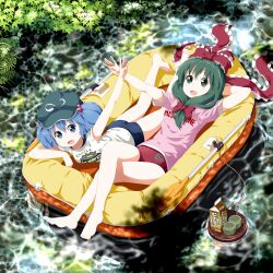  2girls :d alternate_costume arm_behind_head barefoot blue_hair bow buruma casual commentary_request contemporary feet front_ponytail green_eyes green_hair hair_bobbles hair_ornament hairbow hat highres kagiyama_hina kawashiro_nitori long_hair looking_at_viewer lying multiple_girls on_back on_stomach open_mouth outstretched_arm raft ruu_(tksymkw) smile touhou two_side_up water waving 