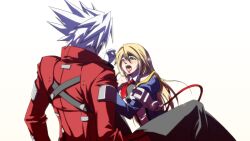  1boy bare_shoulders black_pants blazblue blonde_hair blush crying crying_with_eyes_open detached_sleeves female game_cg green_eyes hitting jacket long_hair noel_vermillion official_art open_mouth pants ragna_the_bloodedge spiked_hair sweater tears uniform white_hair 