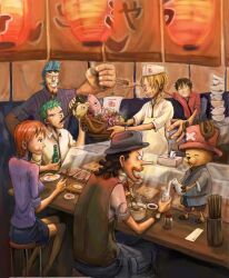  5boys apron black_hair blonde_hair blue_hair chopsticks cigarette drinking eating female female food franky green_hair hair_over_one_eye hat lantern male monkey_d_luffy multiple_boys nami nami_(one_piece) necktie one_piece orange_hair paper_lantern purple_shirt red_shirt reindeer roronoa_zoro sanji shirt sitting smoking stretch tony_tony_chopper usopp vest white_shirt x_(symbol) 