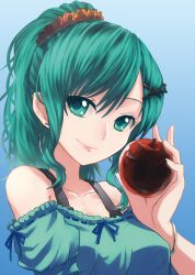  alternate_costume alternate_hairstyle apple bad_id bad_pixiv_id collarbone commentary_request earrings female food frog_hair_ornament fruit green_eyes green_hair hair_ornament hairpin hinomoto_madoka jewelry kochiya_sanae md5_mismatch resolution_mismatch short_hair smile solo source_smaller touhou upper_body 