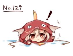  ! blonde_hair blush chibi commentary_request female magikarp personification pokedex_number pokemon red_eyes simple_background solo tail tosura-ayato triangle_mouth white_background 