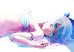  bad_id bad_pixiv_id bare_shoulders bikini blue_eyes blue_hair bow cirno female hairbow lips lying no_wings on_back paja parted_lips photoshop_(medium) short_hair solo strap_slip swimsuit touhou water wet 