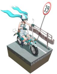  39 aqua_eyes aqua_hair bad_id bad_pixiv_id boots cross_section dress faux_figurine female floating_hair full_body gloves goggles guard_rail hatsune_miku helmet highres long_hair motor_vehicle motorcycle riding road_sign sign simple_background solo twintails vocaloid white_background yosiya 