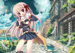  :d alchemist_(ragnarok_online) bad_id bad_pixiv_id blush breasts building cape city cityscape cloud day detached_sleeves feathers female fence fingerless_gloves flower gloves hair_ribbon large_breasts long_hair open_mouth outdoors path pavement pink_hair puddle ragnarok_online red_eyes ribbon river road sideboob skirt sky smile solo stone_walkway ura_(ur_wave) very_long_hair watch wristwatch 