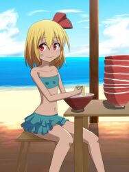  bandeau beach bikini bikini_skirt blonde_hair bow bowl bowl_stack cato_(monocatienus) chair chopsticks cloud collarbone commentary_request day female flat_chest food food_on_face hairbow highres holding holding_chopsticks kamaboko midriff narutomaki navel noodles outdoors red_eyes rumia short_hair sitting skirt sky smile solo strapless swimsuit table touhou tube_top water 