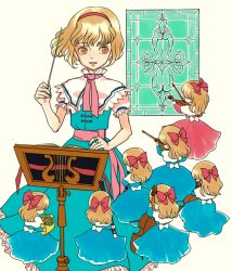  alice_margatroid bassoon beige_background blonde_hair capelet cello clarinet coat202 commentary_request conductor conductor_baton doll double_bass dress female french_horn hairband instrument music music_stand orange_eyes orchestra playing_instrument ribbon sash shanghai_doll short_hair simple_background solo stick touhou violin 