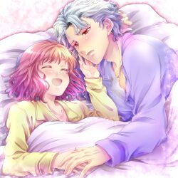  1boy :d ^_^ blue_hair blush closed_eyes collarbone commentary_request couple female hand_on_another&#039;s_face lying on_back on_side open_mouth protagonist_(tokimemo_gs3) red_eyes red_hair sahannji shitara_seiji short_hair smile straight tokimeki_memorial tokimeki_memorial_girl&#039;s_side_3rd_story under_covers 