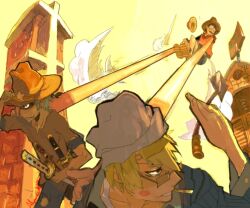  3boys black_hair blonde_hair building cigarette glasses green_hair hair_over_one_eye hat lipstick makeup male male_focus monkey_d_luffy multiple_boys one_piece outdoors roronoa_zoro sanji sheathed_sword straw_hat stretch sword weapon western yellow_sky 