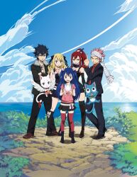  2boys 3girls alternate_costume artist_request black_eyes black_hair blonde_hair blue_hair boots brown_eyes charle_(fairy_tail) cliff cloud day earrings erza_scarlet everyone fairy_tail feline fur_collar gray_fullbuster hair_ribbon happy_(fairy_tail) headband highres jewelry knee_boots long_hair lucy_heartfilia magic miniskirt multiple_boys multiple_girls natsu_dragneel necklace no_undershirt ocean official_art outdoors pants pink_hair pointing pointing_up ponytail red_hair ribbon scarf short_hair skirt smile spiked_hair tail tail_ornament tail_ribbon tattoo thigh_boots thighhighs twintails wavy_hair wendy_marvell wings 