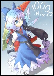  adapted_costume advent_cirno ahoge blue_eyes blue_hair cirno commentary_request dual_wielding female gloves holding ice ice_wings long_sleeves senhaku short_hair short_sleeves solo sword touhou weapon wings 