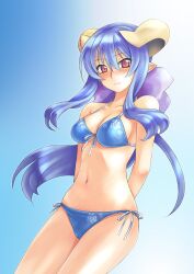  arms_behind_back bikini blue_bikini blue_hair breasts cleavage commentary_request female hikabe_sakuho horns ibarahime_shizuka long_hair looking_at_viewer medium_breasts navel pointy_ears red_eyes shinrabanshou simple_background solo swimsuit 