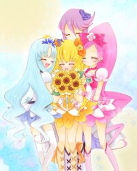  4girls bad_id bad_pixiv_id blonde_hair blue_hair boots choker closed_eyes cure_blossom cure_marine cure_moonlight cure_sunshine dress flower hair_flower hair_ornament hair_ribbon hanasaki_tsubomi heart heartcatch_precure! hug koharu703 kurumi_erika long_hair magical_girl midriff multiple_girls myoudouin_itsuki navel open_mouth pink_hair ponytail precure purple_hair ribbon rose skirt smile sunflower thighhighs tsukikage_yuri twintails white_legwear wrist_cuffs 