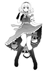  alice_margatroid book boots bow capelet commentary_request cross-laced_footwear female full_body greyscale hairband hairbow highres itou_yuuji lace-up_boots monochrome shanghai_doll short_hair simple_background smile solo touhou 