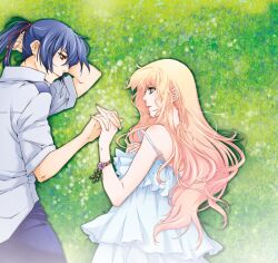  1boy blonde_hair blue_eyes blue_hair bracelet commentary_request female hiiragi_yuki_(escape_club) holding_hands interlocked_fingers jewelry long_hair macross macross_frontier photoshop_(medium) ponytail profile saotome_alto sheryl_nome strap_slip yellow_eyes 