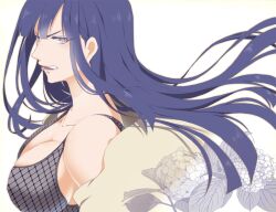  b-cat bare_shoulders blue_hair breasts cleavage clenched_teeth commentary_request female from_side grey_eyes hyuuga_hinata large_breasts lips long_hair naruto:_road_to_ninja naruto_(series) photoshop_(medium) simple_background solo teeth white_background 