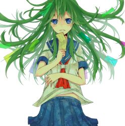  bad_id bad_pixiv_id bamboo blue_eyes female green_hair leaf long_hair naran original personification school_uniform serafuku short_sleeves simple_background smile solo tanabata tanzaku translated white_background 