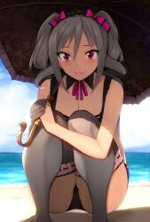  bad_id bad_pixiv_id beach bikini black_bikini black_umbrella bow breasts cleavage collarbone day drill_hair female floral_print hairbow idolmaster idolmaster_cinderella_girls kanzaki_ranko medium_breasts parasol photoshop_(medium) print_umbrella red_eyes smile solo squatting swimsuit thighhighs twin_drills twintails umbrella yuki_usagi_(mofurafu) 