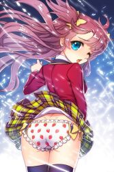  arm_up ass black_thighhighs blazer blue_eyes bow bow_panties cat_shi clothes_lift commentary_request dress_shirt female food_print frilled_panties frills hairbow jacket long_hair one_eye_closed open_mouth panties pantyshot photoshop_(medium) pink_hair plaid plaid_skirt pleated_skirt print_panties school_uniform shirt skirt skirt_lift solo strawberry_panties strawberry_print sword_girls thigh_gap thighhighs underwear weekly_daily wind wind_lift 