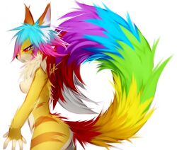  anthro avoid_posting blue_hair blue_markings breasts female fur green_markings hair long_tail markings naturally_censored nipple_tuft pink_hair purple_markings rainbow red_eyes red_markings simple_background solo stripes tail tofu93 tuft unknown_species yellow_body yellow_fur 