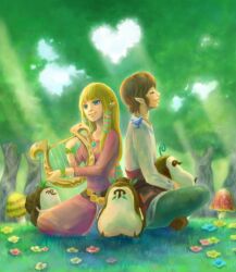  1boy bad_id bad_pixiv_id beak blonde_hair blue_eyes bracelet closed_eyes erla female flower instrument jewelry kikwi link long_hair lopsa lyre machi_(zelda) mushroom pointy_ears princess_zelda smile the_legend_of_zelda the_legend_of_zelda:_skyward_sword usamichan 