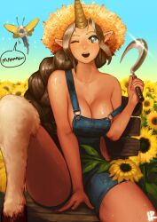  bare_shoulders braid breasts brown_hair cleavage commentary_request farmer female flower glint hat highres horns instant_ip kog&#039;maw large_breasts league_of_legends long_hair monster_girl naked_overalls one_eye_closed open_mouth overalls photoshop_(medium) pointy_ears revision sickle single_horn smile soraka_(league_of_legends) strap_slip straw_hat sunflower sweat thighs very_long_hair 