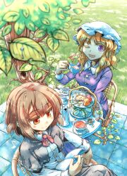  2girls ;d blonde_hair blush book brown_eyes brown_hair capelet chair commentary_request cup grass highres holding looking_at_viewer maribel_hearn multiple_girls no_headwear okome_(kome_kuma) one_eye_closed open_book open_mouth plate purple_eyes short_hair sitting smile spoon table teacup teapot tiered_tray touhou tree usami_renko 