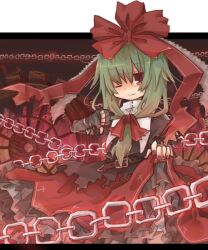  adapted_costume alternate_eye_color bad_id bad_pixiv_id belt bow chains dress female fingerless_gloves frills front_ponytail gloves green_hair hair_ornament hair_ribbon hairbow kagiyama_hina long_hair looking_at_viewer metazou one_eye_closed red_dress red_eyes ribbon skirt_hold smile solo thumbs_down touhou 