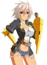  arc_system_works belt blazblue blazblue:_chrono_phantasma blazblue:_chronophantasma breasts bullet_(blazblue) cleavage fingerless_gloves gauntlets gloves hoshi_(ho4_no) large_breasts short_shorts shorts white_hair yellow_eyes 