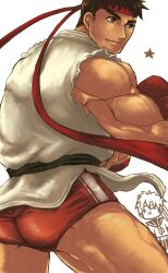  1boy ^_^ ^q^ ass bara bare_arms brown_hair buruma chibi chibi_inset closed_eyes commentary_request dougi female headband highres kasugano_sakura male_focus muscular muscular_male no_pants ryu_(street_fighter) short_hair smile street_fighter thick_eyebrows thick_thighs thighs xxxxchild 