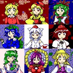  6+girls aki_minoriko aki_shizuha aqua_hair black_hair blonde_hair blue_hair blush blush_stickers bow detached_sleeves everyone food frog_hair_ornament front_ponytail fruit grapes green_hair hair_ornament hat inubashiri_momiji kagiyama_hina kawashiro_nitori key kochiya_sanae kunisakisaikou leaf leaf_on_head long_sleeves lowres magic_circle moriya_suwako mountain_of_faith multiple_girls open_mouth parody pc-98_(style) pixel_art pom_pom_(clothes) rope shameimaru_aya shide shield shimenawa short_hair short_sleeves smile stitched style_parody sword third-party_edit tokin_hat touhou two_side_up weapon wide_sleeves yasaka_kanako zun_(style) 