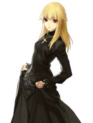  blonde_hair cassock commentary_request cross cross_necklace curtsey dress fate/protoreplica fate/stay_night fate_(series) female genderswap_(mtf) gilgamesh_(fate) jewelry long_hair mirucream necklace photoshop_(medium) red_eyes rule_63 sidelocks skirt_hold solo white_background 