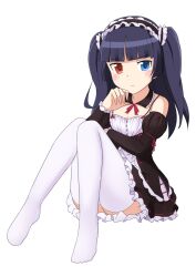  black_hair blue_eyes blush boku_wa_tomodachi_ga_sukunai commentary_request cosplay female frills gokou_ruri hairband hanazawa_kana hasegawa_kobato hasegawa_kobato_(cosplay) heterochromia kuri_youkan lolita_fashion lolita_hairband long_hair mole mole_under_eye ore_no_imouto_ga_konna_ni_kawaii_wake_ga_nai red_eyes sitting solo thighhighs two_side_up voice_actor_connection 