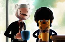  1boy adventure_time afro animal_ears blood blood_stain canine carlos_villa coffee_mug commentary_request cosplay crossover cup finn_the_human formal highres jake_the_dog jules_winnfield jules_winnfield_(cosplay) male_focus missing_tooth mug necktie open_mouth parody photoshop_(medium) pulp_fiction smile suit vincent_vega vincent_vega_(cosplay) 