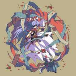  animal_ears eyepatch female fox_ears kuon_(shinrabanshou) mask pera scroll shinrabanshou simple_background solo sword weapon 