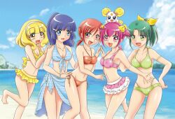  5girls :d animal_on_head aoki_reika ass_visible_through_thighs barefoot beach bikini blonde_hair blue_eyes blue_hair blue_sarong bow bracelet candy_(smile_precure!) cloud commentary_request creature_on_head day front-tie_bikini_top front-tie_top green_eyes green_hair hairband hino_akane_(smile_precure!) hoshizora_miyuki jewelry long_hair lonmiy midorikawa_nao multiple_girls navel ocean on_head open_mouth outdoors pink_bow pink_eyes pink_hair ponytail precure print_sarong red_eyes red_hair sarong short_hair side-tie_bikini_bottom sky smile smile_precure standing standing_on_one_leg swimsuit water white_hairband yayoi_kise yellow_eyes 