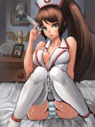  akali akali_(legacy) bad_id bad_pixiv_id blush breasts brown_hair catbii female green_eyes hat highres kennen league_of_legends long_hair looking_at_viewer medium_breasts nurse nurse_akali nurse_cap open_mouth panties pantyshot shen_(league_of_legends) sitting solo striped_clothes striped_panties sweat syringe thighhighs underwear white_thighhighs 