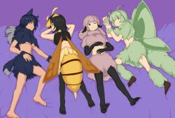  4girls animal_ears antennae back bee bee_girl black_hair bokoko costume fur green_eyes green_hair insect_girl lying lying_down midriff monster_girl moth moth_girl multiple_girls pink_hair red_eyes sheep sheep_girl smile stinger werewolf wings wolf_girl 